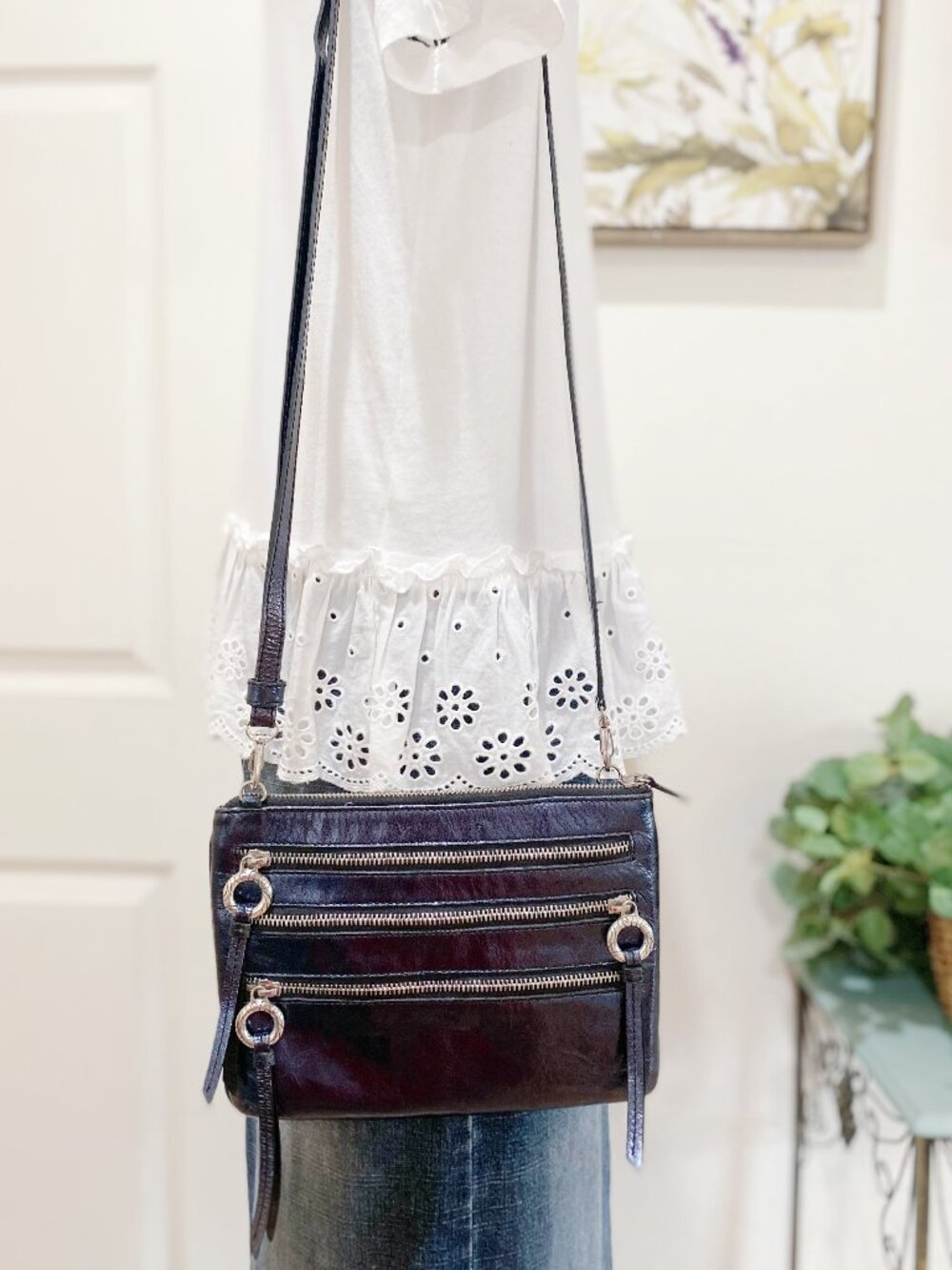 Brighton Black Patent Crossbody Bag with Triple Zip Front